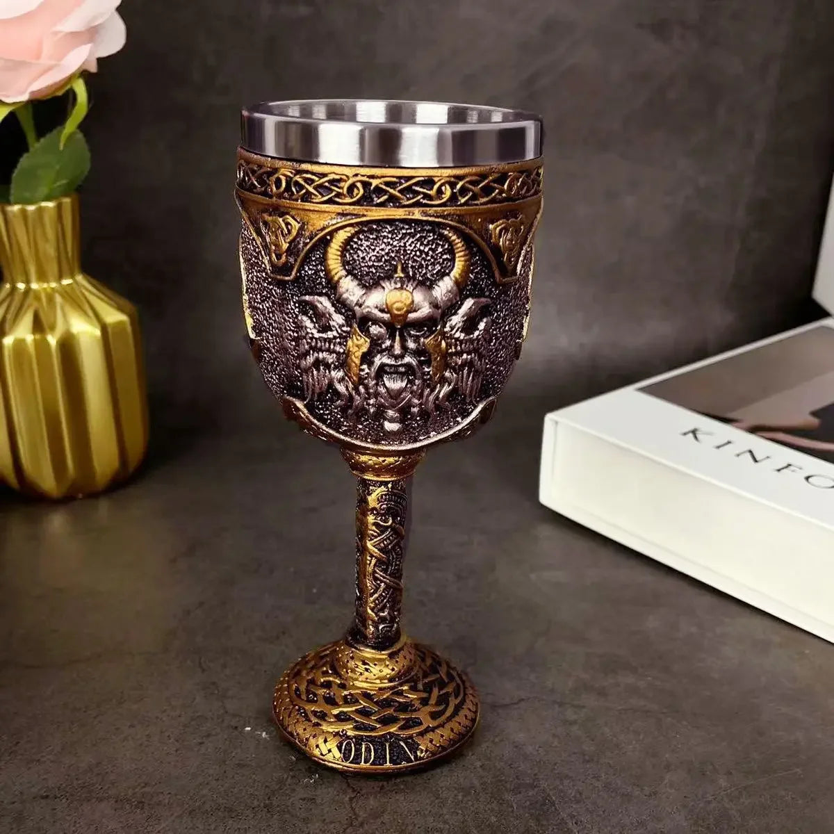 Odin Wine Glass Goddess Resin Stainless Steel Goblet Nordic Mythology Cocktail Glasses Viking Whiskey Cup Thor Pub Bar Drinkware